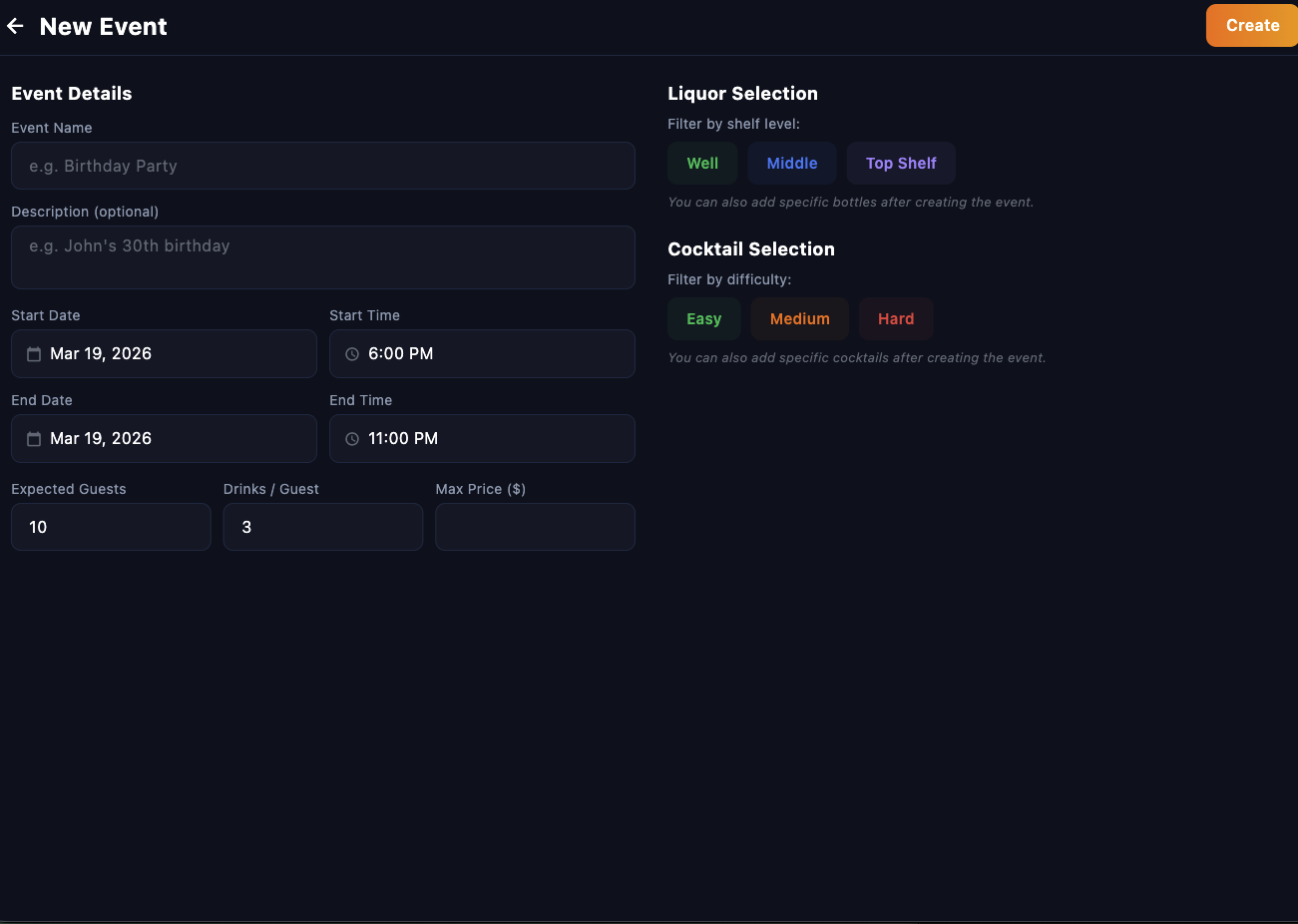 Event Planner UI on the Barly tablet